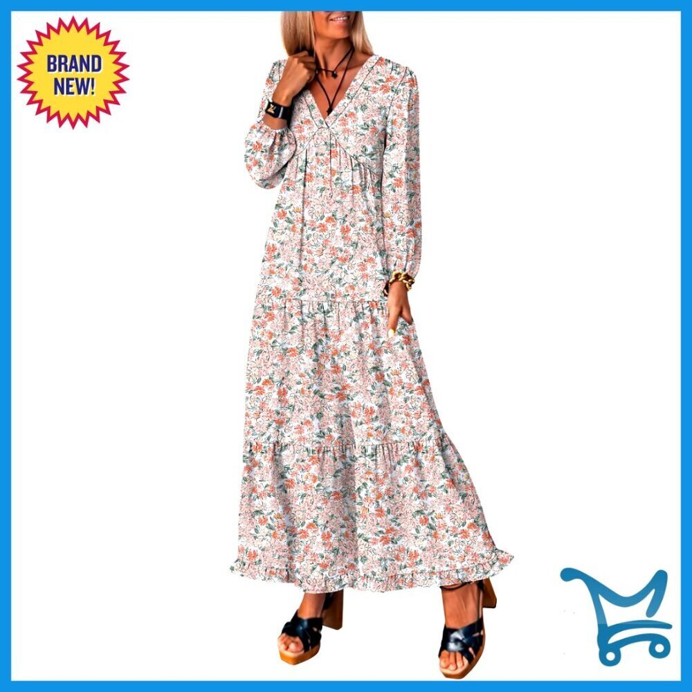 Boho Maxi Dress Long Sleeve Floral Striped Loose Fit Casual Beach Vacation
